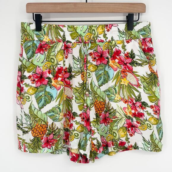 Chicos Tropical Flower Fruit Print Drawstring Shorts Size 8 (Chicos Size 1) - Picture 1 of 6